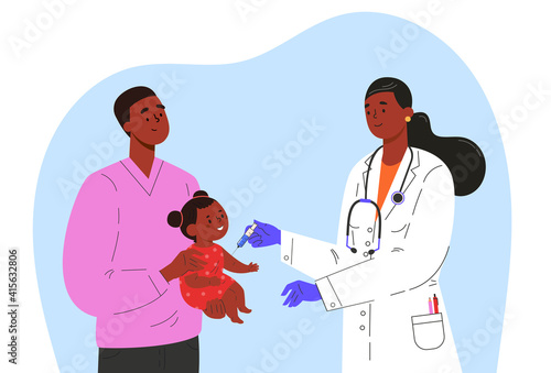 Female doctor makes a vaccine to a child. Concept illustration for immunity health. Man with baby in hospital. Doctor in a medical gown and gloves. Flat illustration isolated on white background. 