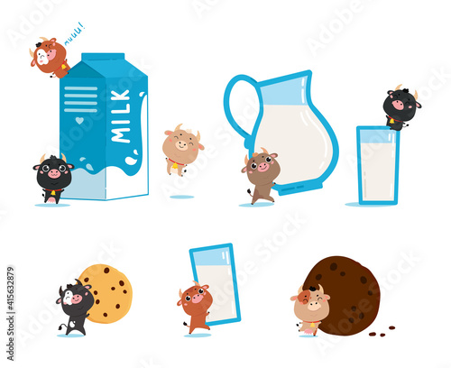 Farm cows and ox with glass of milk, jug and cookies. Cute cartoon animals on white background. Vector Illustration for printing on products and packaging containing milk in simple style. photo