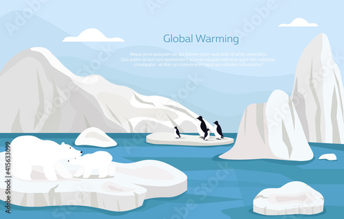 Global warming abstract concept. Group of penguins drifting on a small ice floe of melting antarctic glacier. Flat cartoon vector illustration