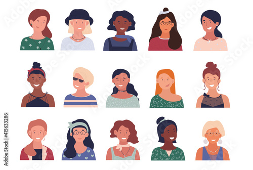 Young stylish women portraits collection. Fifteen of cute smiling girls with various hairstyles and accessories. Pretty female avatars. Set of flat cartoon vector illustrations isolated on white