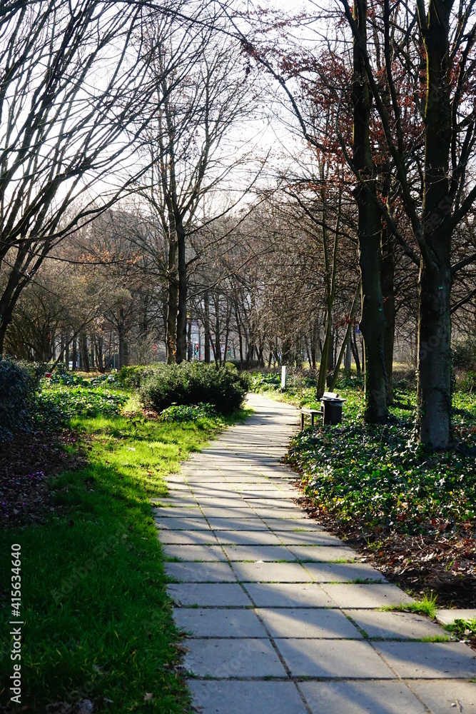 Fototapeta premium Promenade un jour ensoleillé par la Cité Internationale, quartier aisé de Lyon