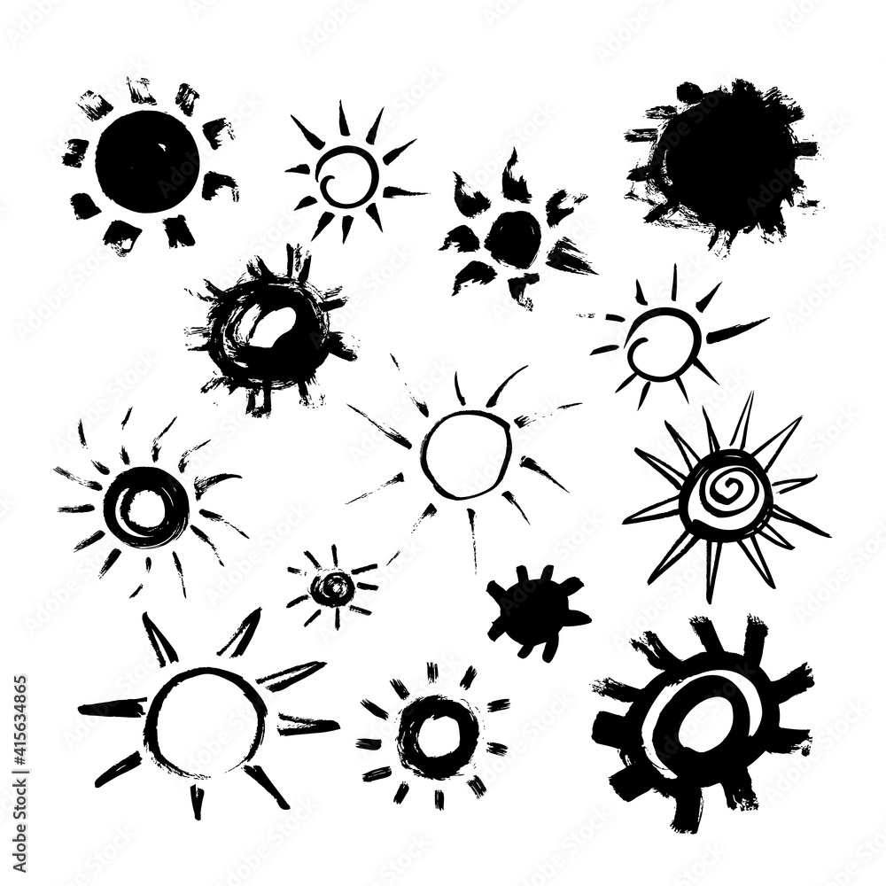 Set of suns, drawn in black ink by hand. 14 different options for logo, icon and pattern. Set of suns, drawn in black ink by hand. 14 different options for logo, icon and pattern.