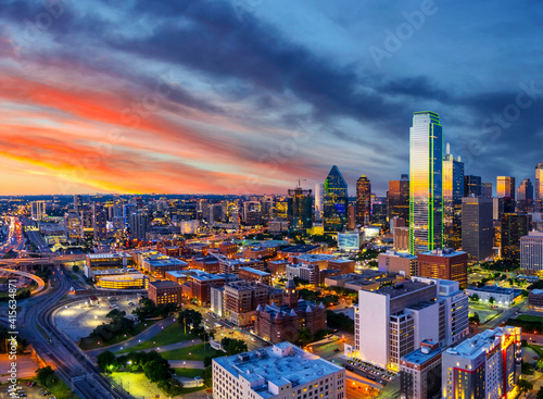 Dallas, Texas skyline at sunset photo
