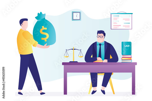 Male notary provides legal services. Lawyer helps people in court. Client with payment. Concept of law, justice and authority.