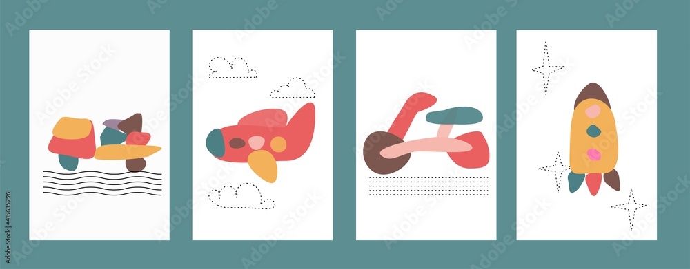 Four kids primitive adstract posters set vector illsutration