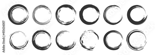 Set of different circle brush strokes, hand drawn paint frame for design logo, banner, card. Vector illustration isolated on white background.