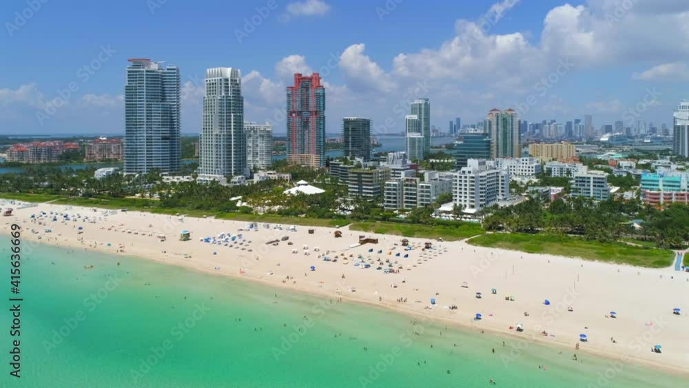 South Pointe Beach and Fisher Island View. Beach aerial view. Miami South Pointe Beach and Fisher Island View. Beach aerial view. Miami