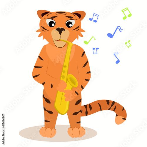 Photography vector illustration for a children's holiday of a tiger in a cartoon style with a saxophone in his hands