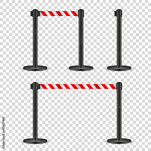 Realistic retractable belt stanchion on transparent background. Crowd control barrier posts with caution strap. Queue lines. Restriction border and danger tape. Vector illustration.