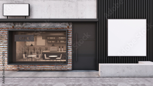 Front view Cafe shop and Restaurant design. Modern Loft wall brick frame windows black,Billboard on black metal slat wall,Concrete floor- 3D render