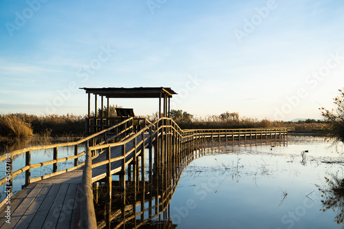 Wooden walkway with a bird's-eye viewpoint over the lake water in the 'El Hondo' natural park at sunset. Elche, Alicante, Spain.