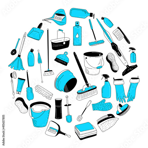 Cleaning tools collection.Washing equipment for floor,windows and dust removing.Vector doodle style set for purifying on white background.Bucket, brushes, detergent and soap. Blue color.