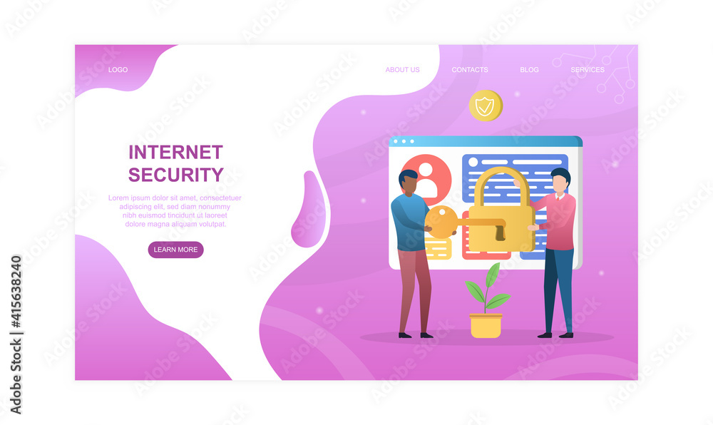 Two male characters are putting key in the lock. Concept of digital internet security and network access. Website, web page, landing page template. Flat cartoon vector illustration Two male characters are putting key in the lock. Concept of digital internet security and network access. Website, web page, landing page template. Flat cartoon vector illustration