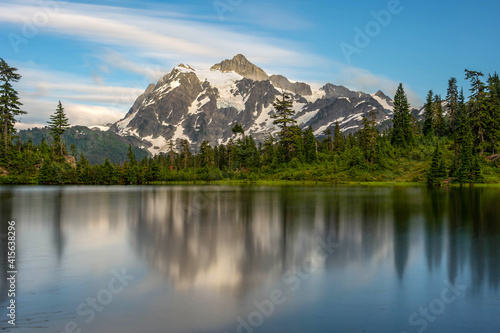 Mountain calmly reflecting in Picture Lake in Washington state s North Cascades National Park