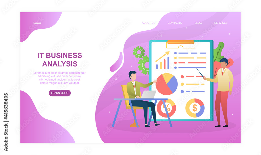 Plakat Two male characters are working with improvement diagrams and charts. Concept of IT business analysis management. Website, web page, landing page template. Flat cartoon vector illustration