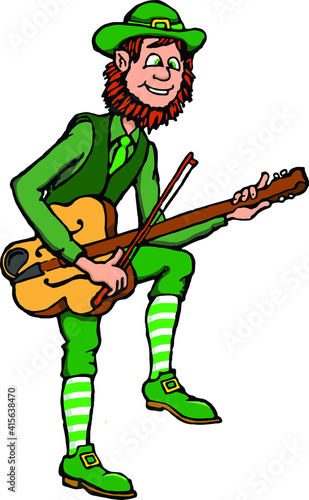 A tall leprechaun playing a shamrock guitar.