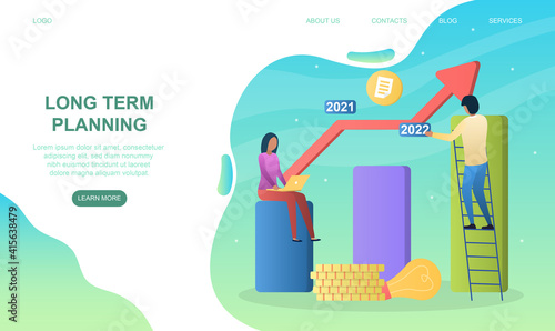 Male and female characters are making long term business plan. Conceptof team working with graph chart and growth arrow. Website, web page, landing page template. Flat cartoon vector illustration