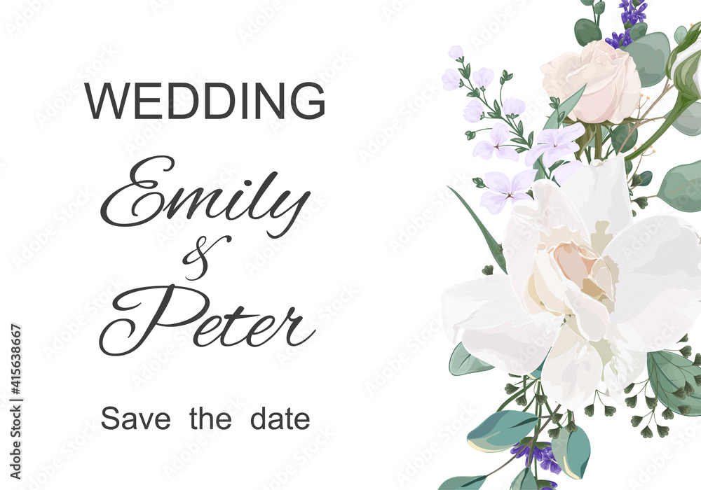 Wedding invitation with flowers, watercolor, isolated on white. Vector Watercolor.