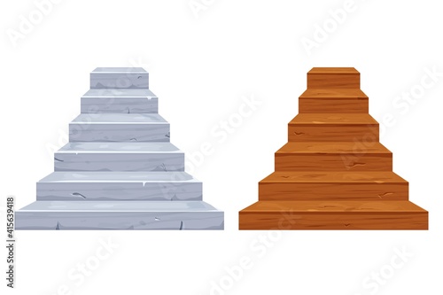 Set wooden and stone stairs detailed in cartoon style isolated on white background stock vector illustration. Indoor construction  decoration  ui game asset  fantasy equipment.