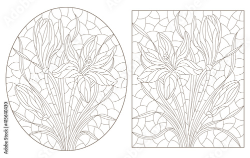 Set of contour illustrations in stained glass style with hyacinth flowers, dark outlines on a white background