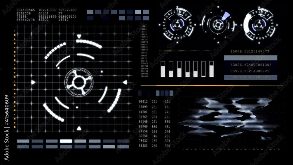 HUD technological futuristic elements. Elements of the sci-fi circle appear and disappear in the HUD pattern. Graph, Scale, Text, Rotation, Animation. Statistical data. HUD technological futuristic elements. Elements of the sci-fi circle appear and disappear in the HUD pattern. Graph, Scale, Text, Rotation, Animation. Statistical data.