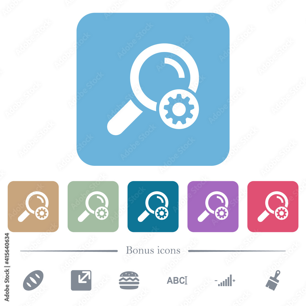 Search settings flat icons on color rounded square backgrounds