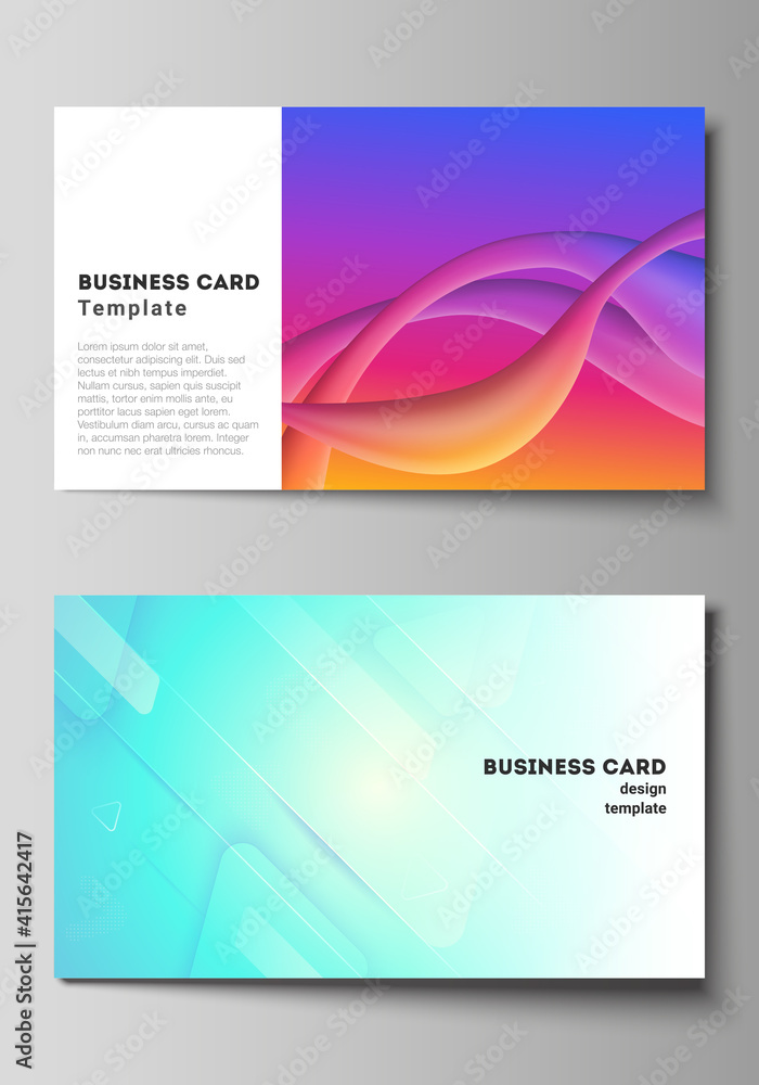 The minimalistic abstract vector illustration layout of two creative business cards design templates. Futuristic technology design, colorful backgrounds with fluid gradient shapes composition. The minimalistic abstract vector illustration layout of two creative business cards design templates. Futuristic technology design, colorful backgrounds with fluid gradient shapes composition.