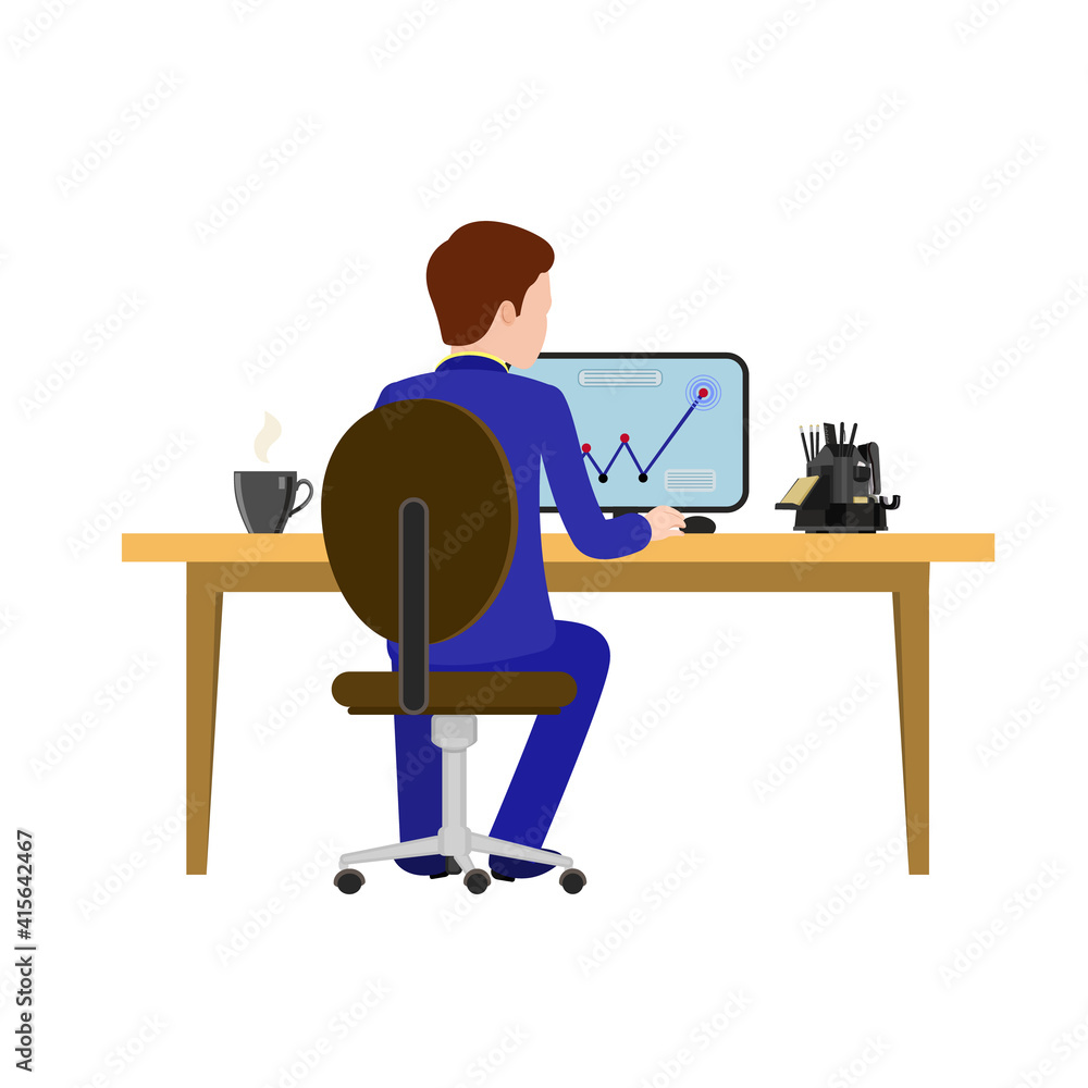 Rear view of the person at the table. Vector image of a person in the office for animation. Editable strokes. All the details are on separate layers. The person looks at the chart going up. 