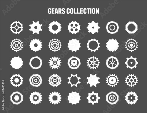 Simple gear icons. Wheels set on black background. Vector white cogwheels collection. 