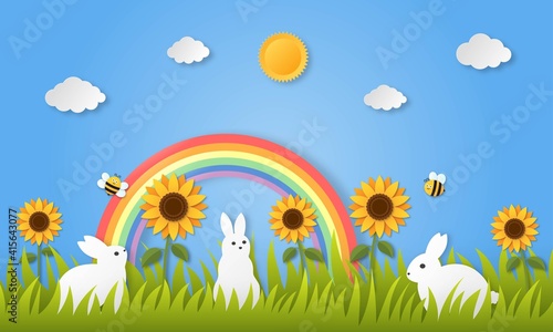 happy easter day on blue background. paper art style. vector Illustration.