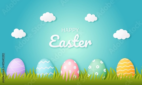 happy easter day eggs on blue background. paper art style. vector Illustration.