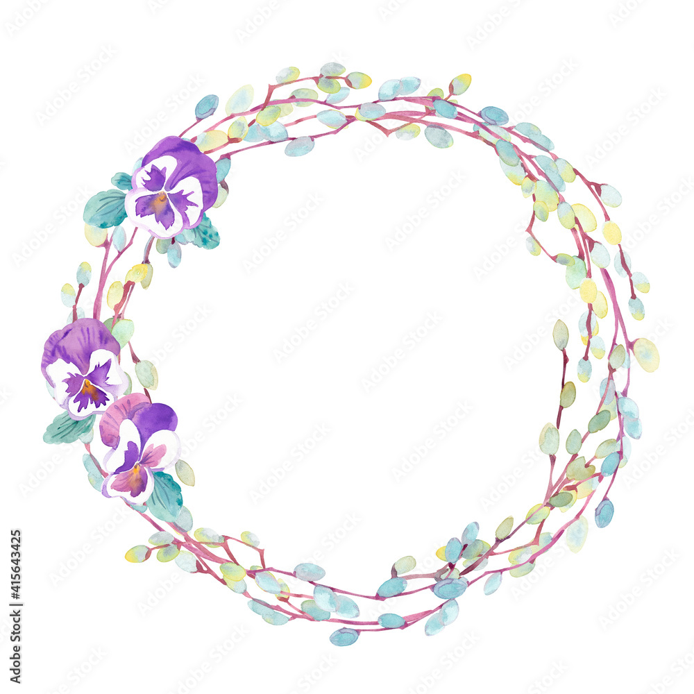 Watercolor Easter clipart. A wreath of pansy flowers and blooming pussy willow branches. Watercolor Easter clipart. A wreath of pansy flowers and blooming pussy willow branches.