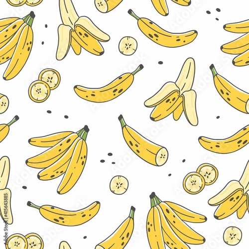 Seamless pattern with bananas in cute cartoon doodle style. Vector illustration. Pattern with slices of bananas, bunch of bananas, cut banana on a white background.