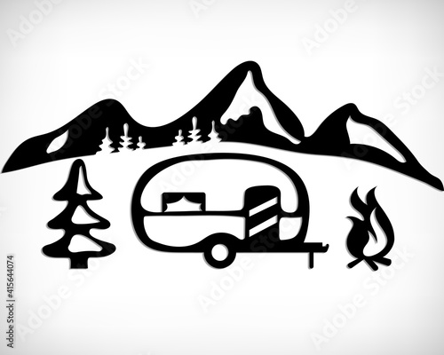Camper nature silhouette. Mobile recreation. Camper sign with a tree and bonfire with mountain background. Sketch style vector illustration. Camping concept design.