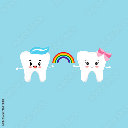 Tooth with rainbow in hands. Teeth holds rainbow with red, orange, yellow, green, blue, purple color. Flat design cartoon funny dental character vector illustration. 