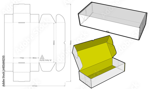 Cardboard box for sending mail. Flute Type E (Internal measurement 40 x 17 + 9 cm) and Die-cut Pattern. Ease of assembly, no need for glue.  The .eps file is full scale and fully functional.