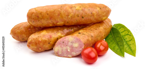 Smoked pork sausages with cheese, isolated on white background