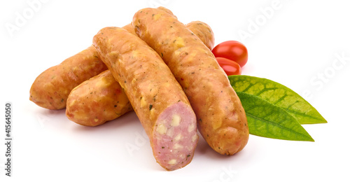 Smoked sausages with cheese, isolated on white background