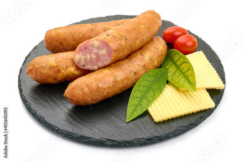 Smoked sausages with cheese, isolated on white background