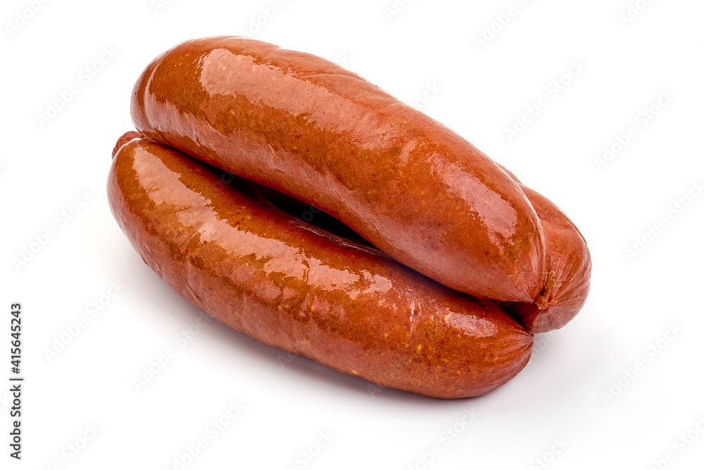 Smoked pork sausages, isolated on white background Smoked pork sausages, isolated on white background