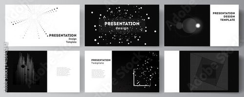 Vector layout of the presentation slides design templates for presentation brochure, brochure cover. Black color technology background. Digital visualization of science, medicine, technology concept.