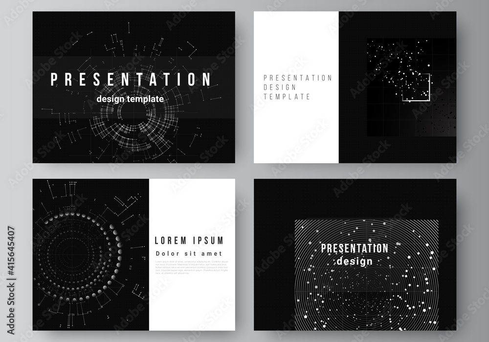 Vector layout of the presentation slides design templates for presentation brochure, brochure cover. Black color technology background. Digital visualization of science, medicine, technology concept. Vector layout of the presentation slides design templates for presentation brochure, brochure cover. Black color technology background. Digital visualization of science, medicine, technology concept.