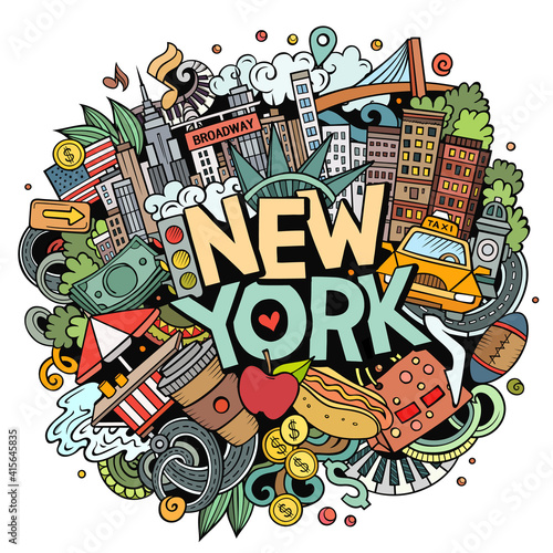 New York hand drawn cartoon doodle illustration. Funny City design.