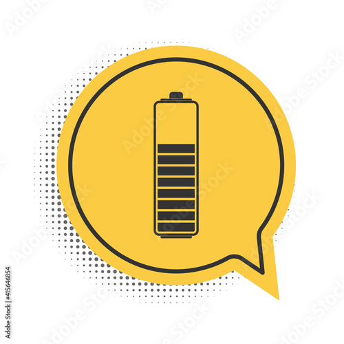 Black Battery charge level indicator icon isolated on white background. Yellow speech bubble symbol. Vector.
