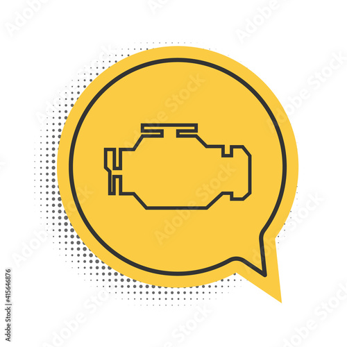 Black Check engine icon isolated on white background. Yellow speech bubble symbol. Vector.