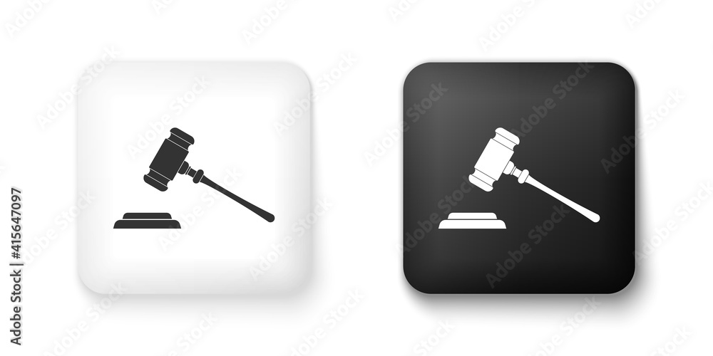 Black and white Judge gavel icon isolated on white background. Gavel for adjudication of sentences and bills, court, justice, with a stand. Auction hammer. Square button. Vector. Black and white Judge gavel icon isolated on white background. Gavel for adjudication of sentences and bills, court, justice, with a stand. Auction hammer. Square button. Vector.