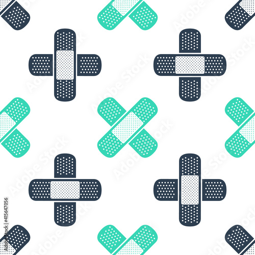 Green Set Bandage plaster icon isolated seamless pattern on white background. Medical plaster, adhesive bandage, flexible fabric bandage. Vector.