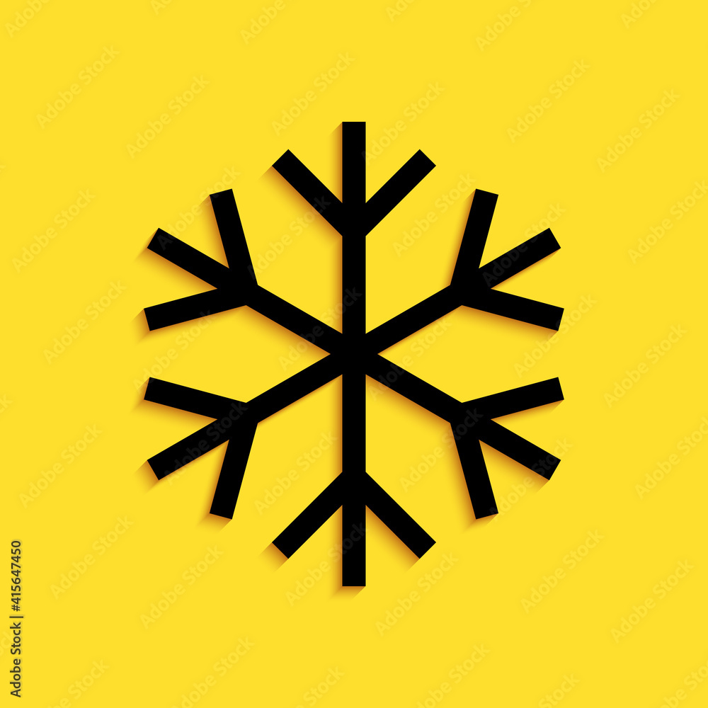 Black Snowflake icon isolated on yellow background. Long shadow style. Vector.
