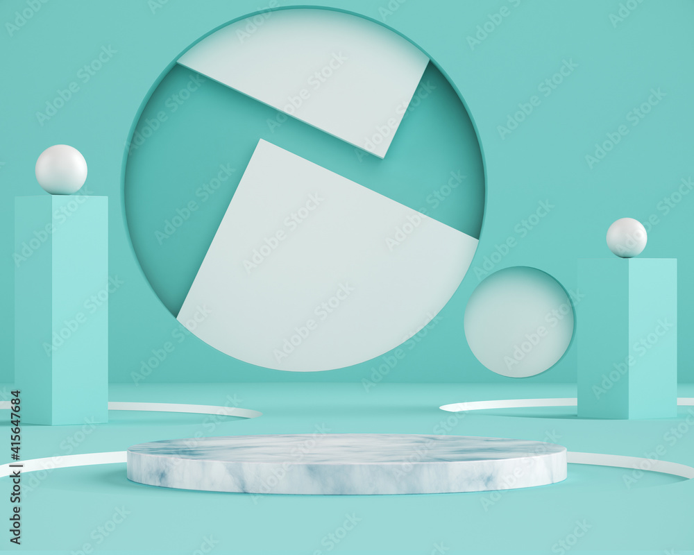 Pastel color mock up scene. Marble podium. Monochrome decorative elements backdrop.  3d rendering.