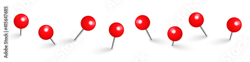 Realistic red push pins. Board tacks isolated on white background. Plastic pushpin with needle. Vector illustration.